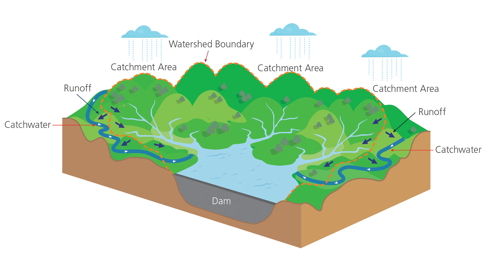 The catchwater is built to collect rainwater from outside the watershed that does not flow into the reservoir via the natural stream.