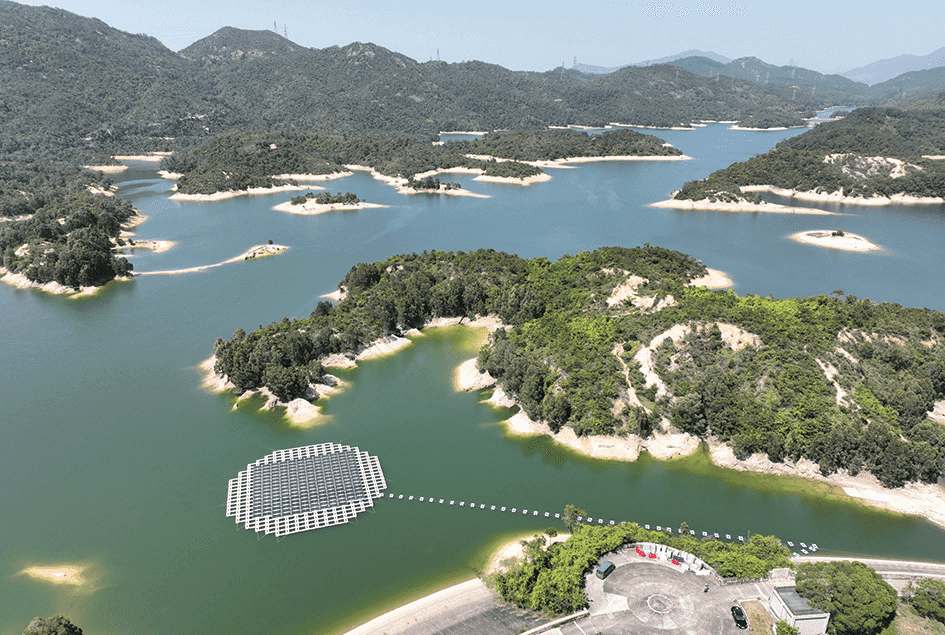 The floating solar power system at the Tai Lam Chung Reservoir has a circular design.
