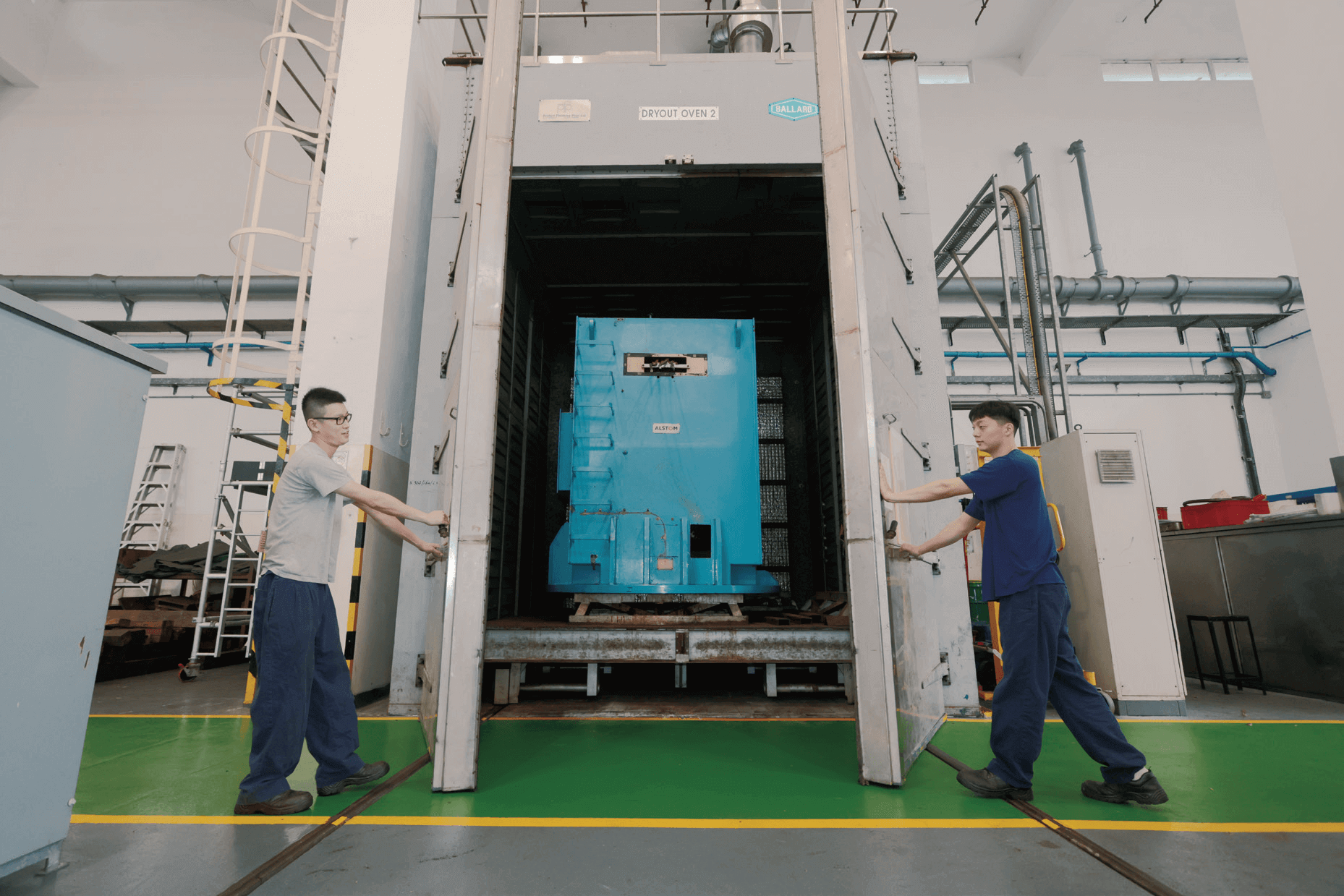 The motor workshop is equipped with a large motor baking oven to extract moisture from a motor to ensure its insulation.