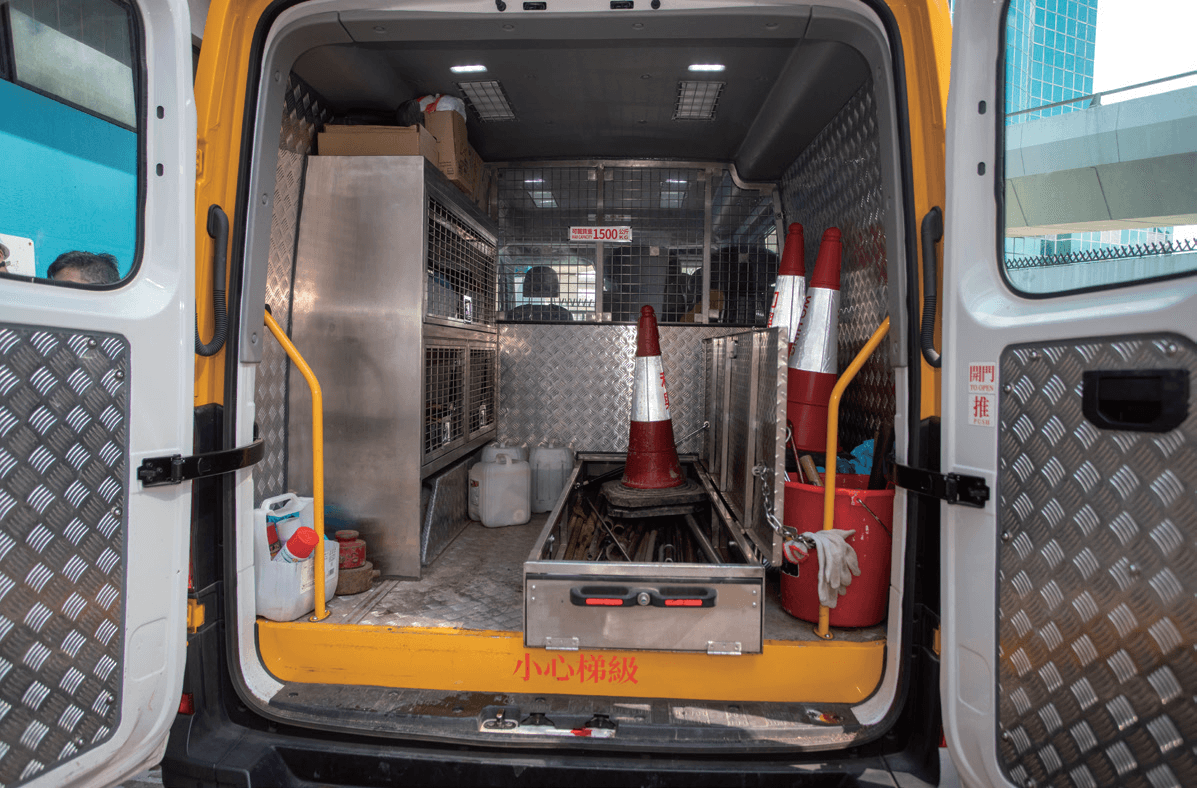 A maintenance vehicle equipped with a variety of equipment