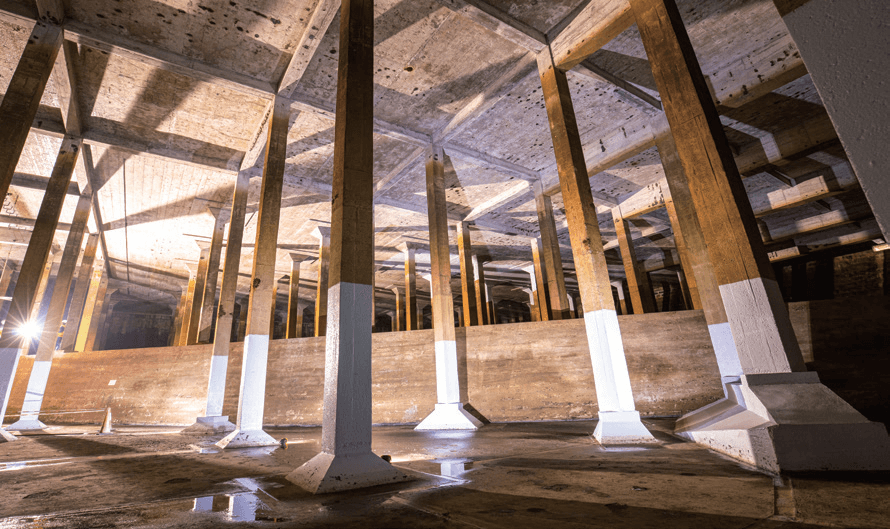The interior of the Albany Fresh Water Service Reservoir after emptied of water
