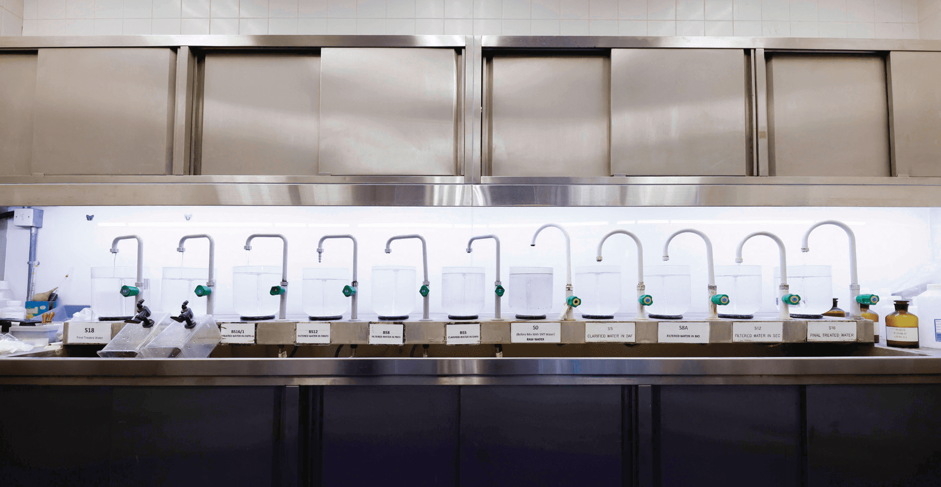 The control room of the water treatment works has various “clarify bowls”, for easy inspection by operators analysing the condition of the water samples after the completion of each treatment process