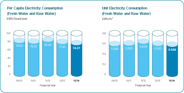 Per Capita Electricity Consumption (Fresh Water and Raw Water), Unit Electricity Consumption (Fresh Water and Raw Water) Chart