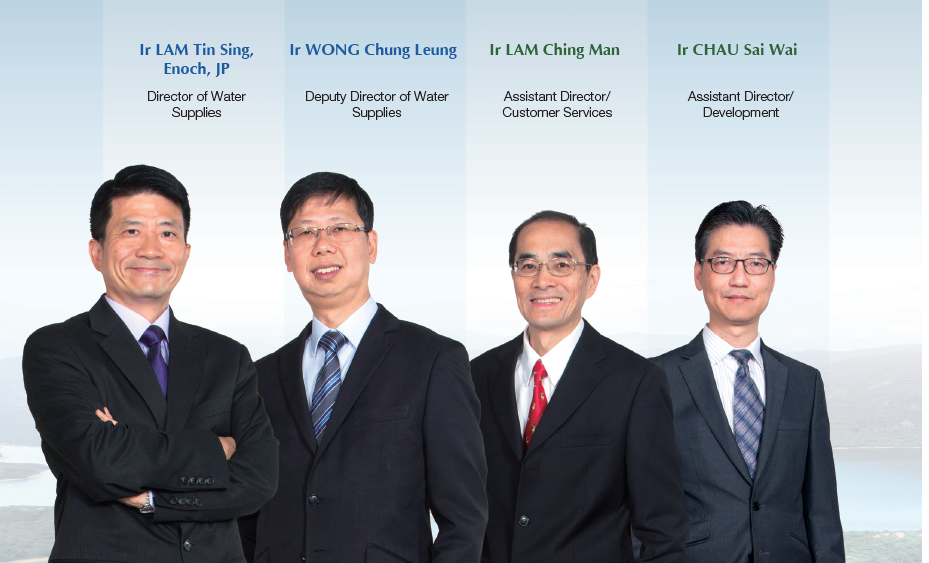 WSD Organisation Chart 1: Ir LAM Tin Sing, Enoch, JP : Director of Water Supplies. Ir WONG Chung Leung : Deputy Director of Water Supplies. Ir LAM Ching Man : Assistant Director/ Customer Services. Ir CHAU Sai Wai : Assistant Director/ Development.