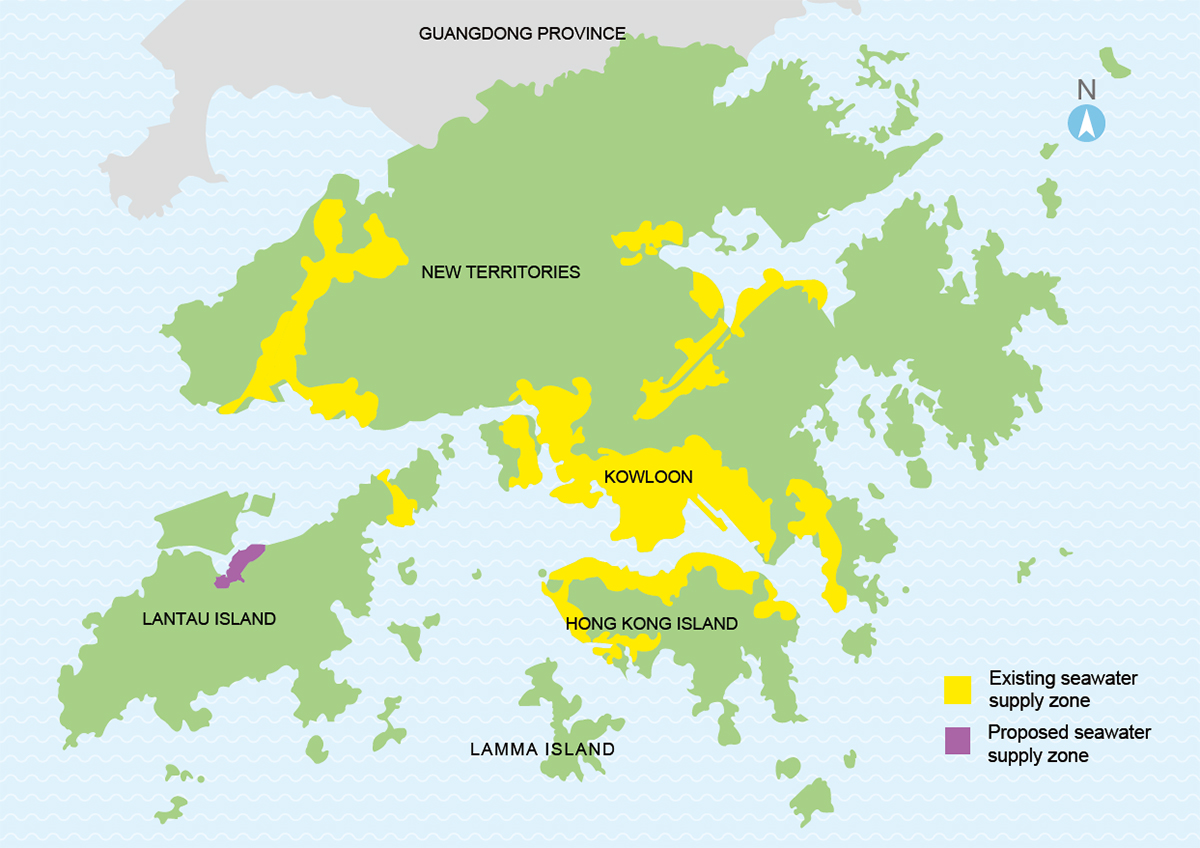 A map showing the area with seawater supply